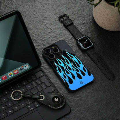 y2k blue flames back phone cover | glass case for iphone 15 plus