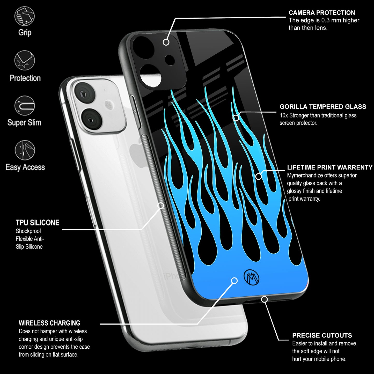 Y2k Blue Flames Phone Cover | Glass Case