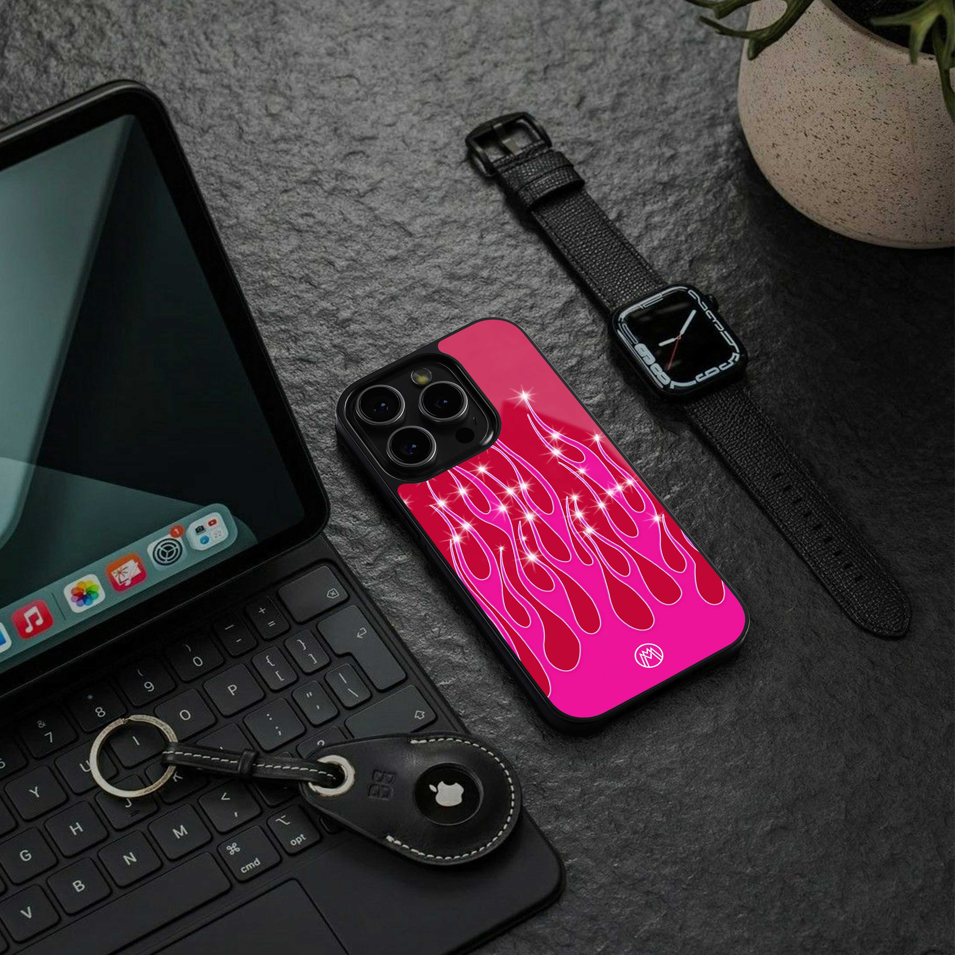 y2k magenta glittery flames back phone cover | glass case for iphone 14 pro max