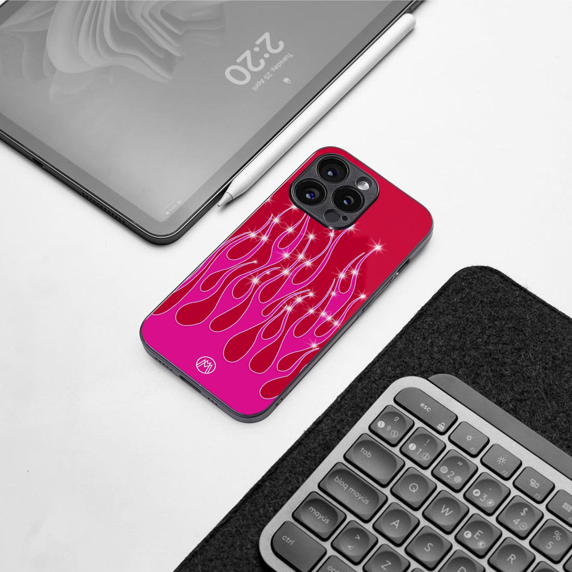 y2k magenta glittery flames back phone cover | glass case for google pixel 8 pro