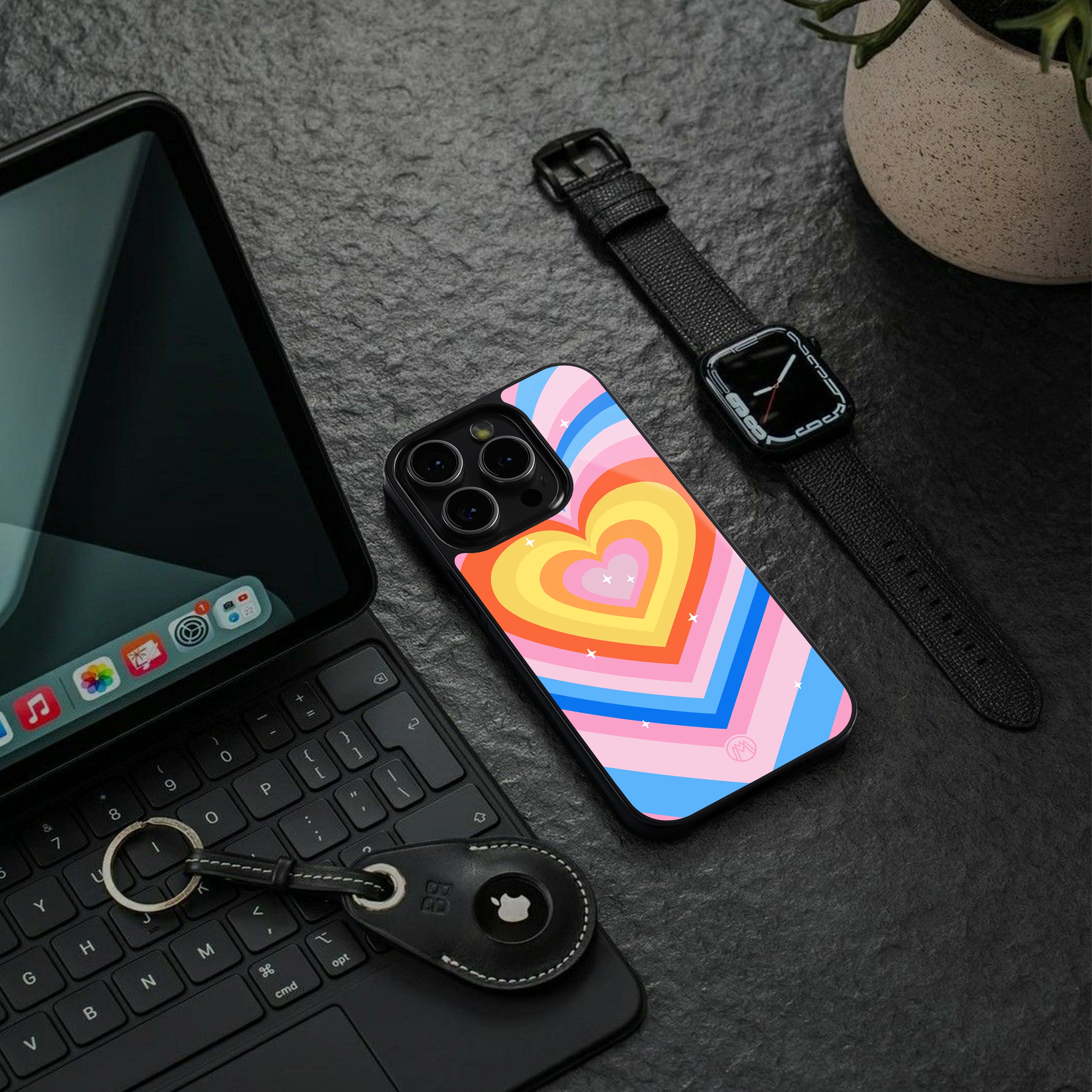 y2k rainbow hearts back phone cover | glass case for iphone 16 pro max