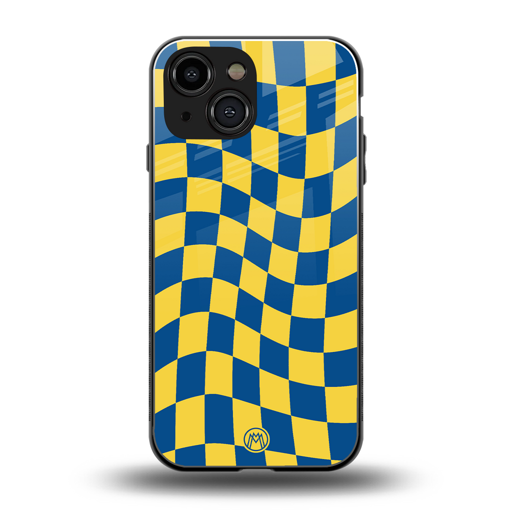 yellow blue trippy check pattern back phone cover | glass case for iphone 13 mini