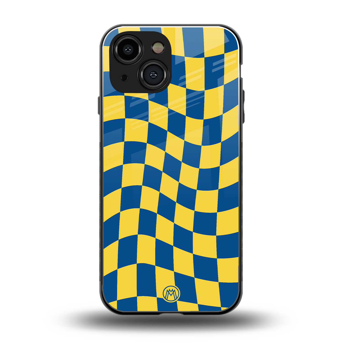 yellow blue trippy check pattern back phone cover | glass case for iphone 13 mini