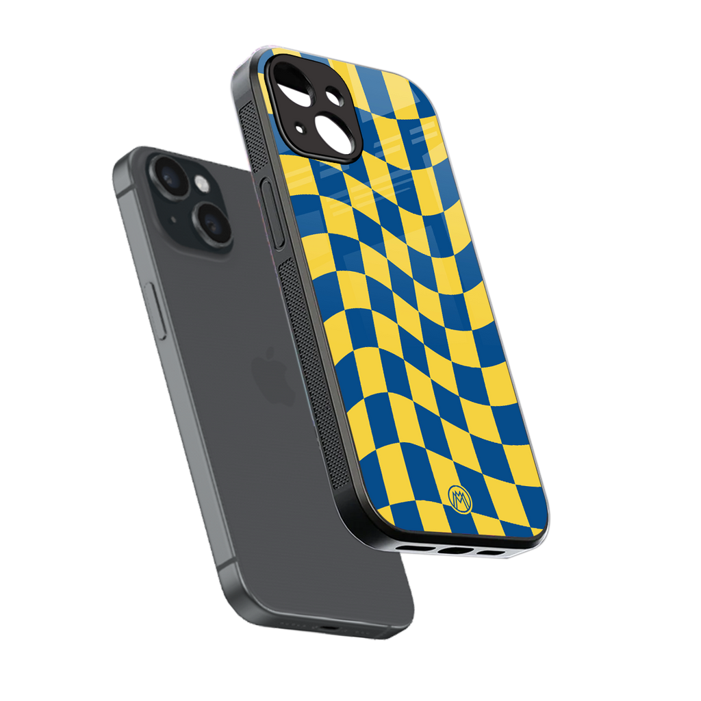 yellow blue trippy check pattern back phone cover | glass case for iphone 13 mini