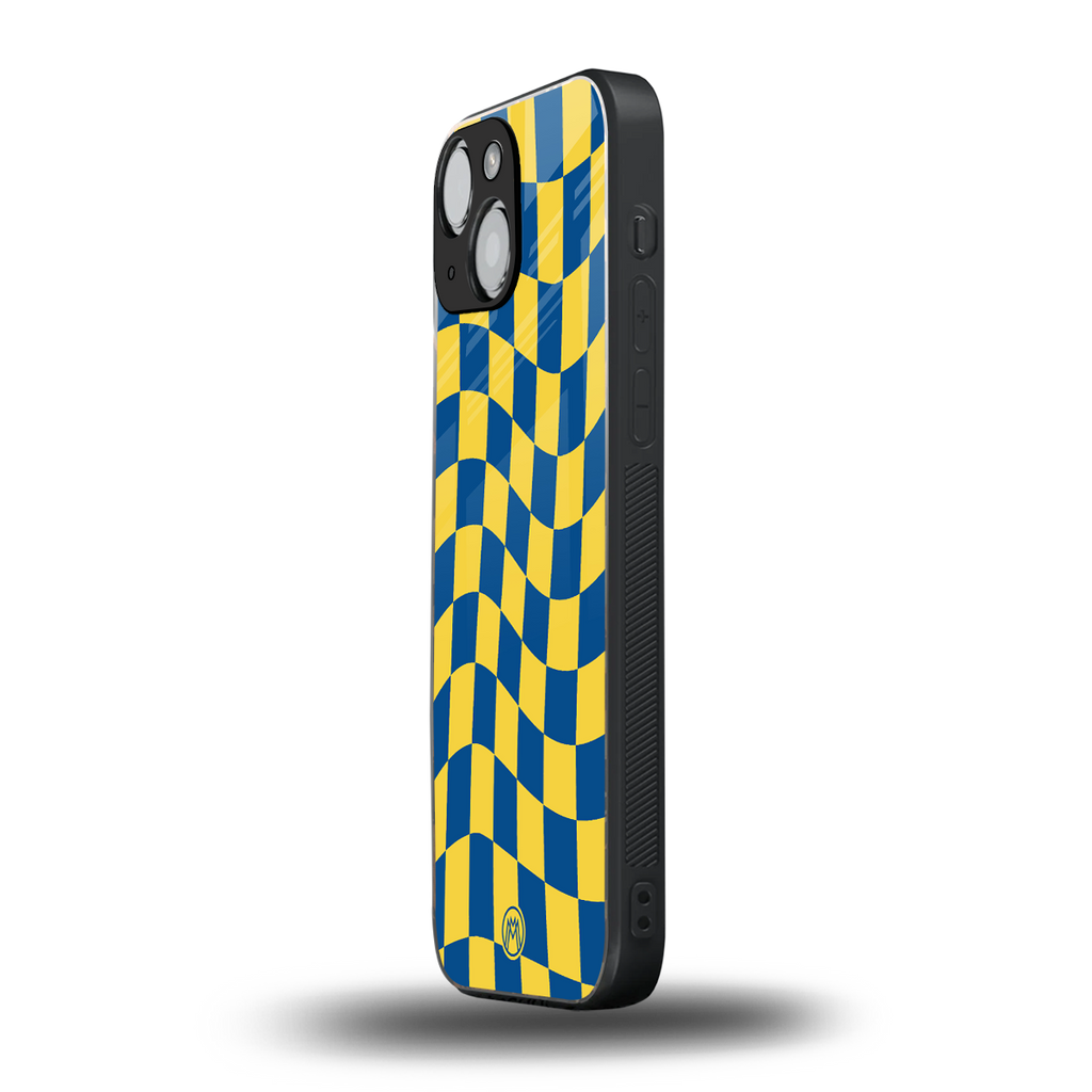yellow blue trippy check pattern back phone cover | glass case for iphone 13 mini