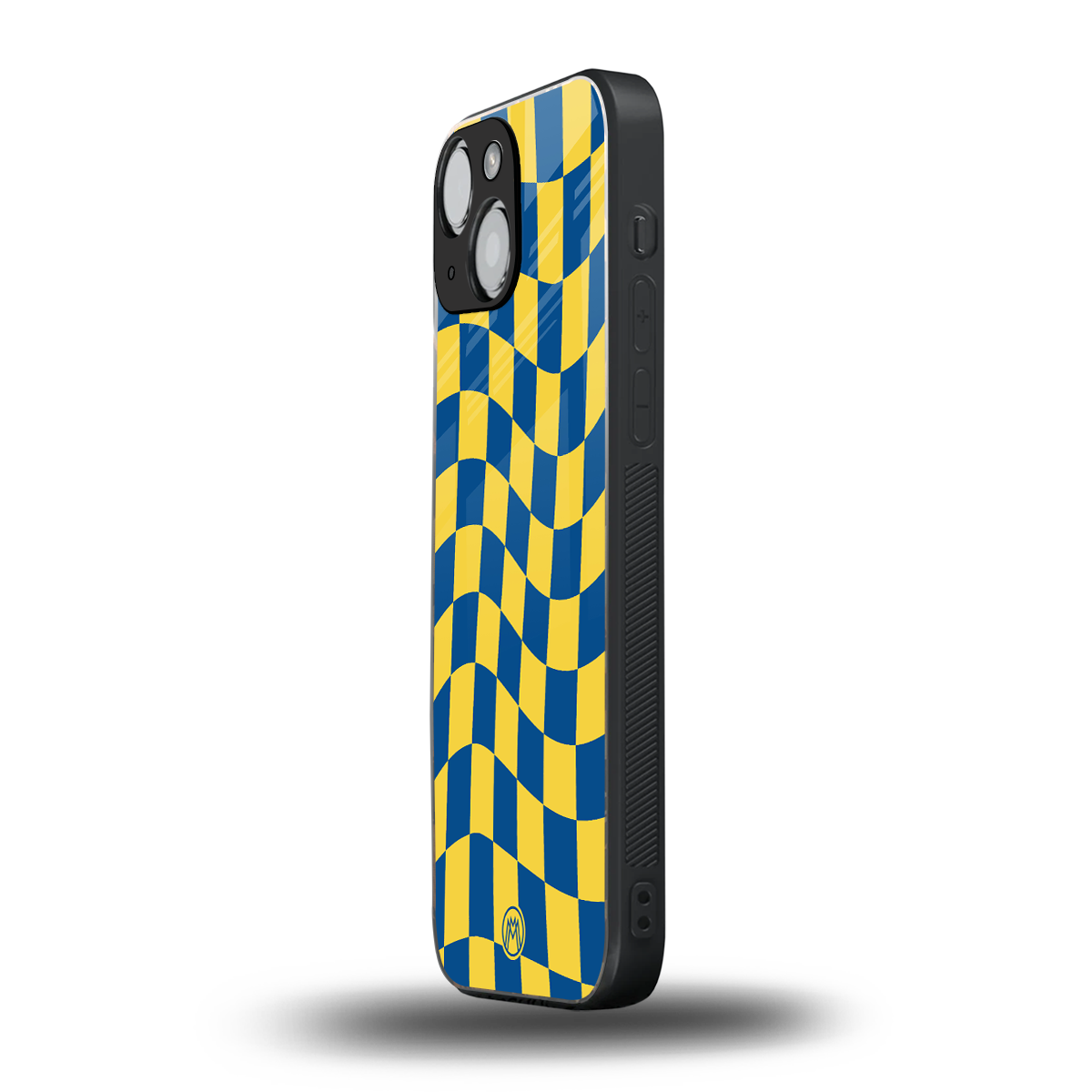 yellow blue trippy check pattern back phone cover | glass case for iphone 13 mini