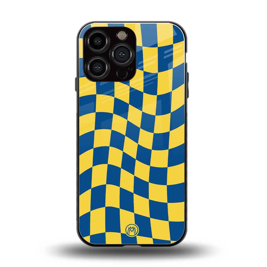 yellow blue trippy check pattern back phone cover | glass case for iphone 13 pro max