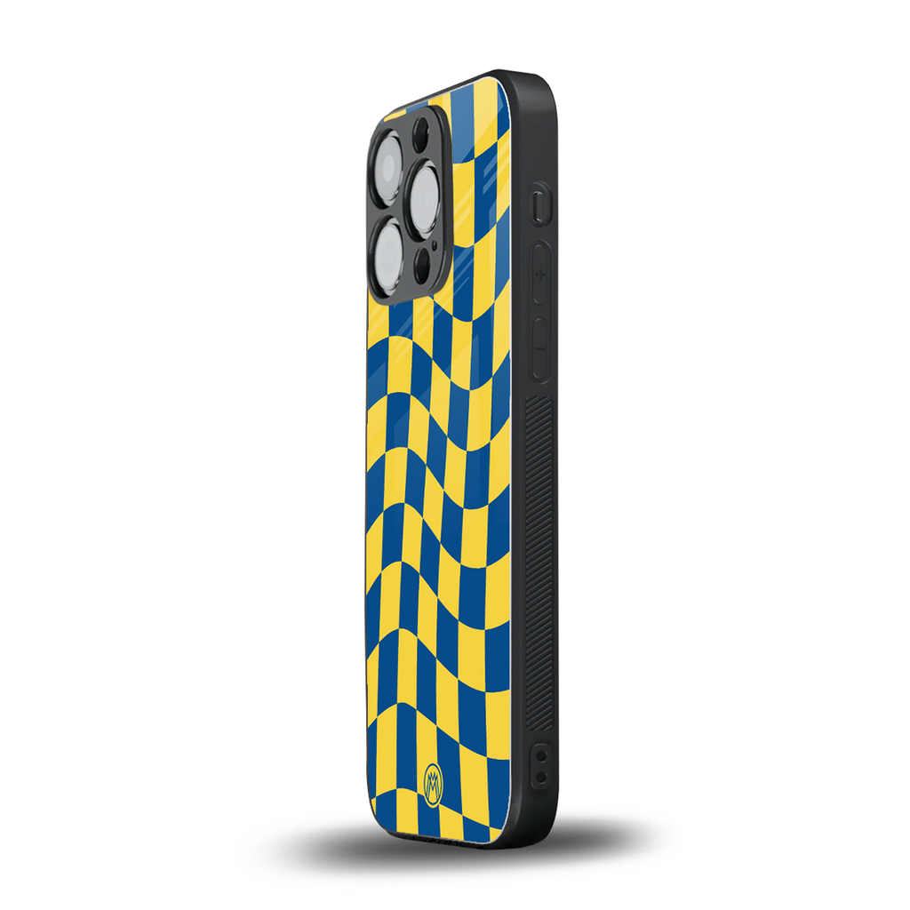 yellow blue trippy check pattern back phone cover | glass case for iphone 13 pro