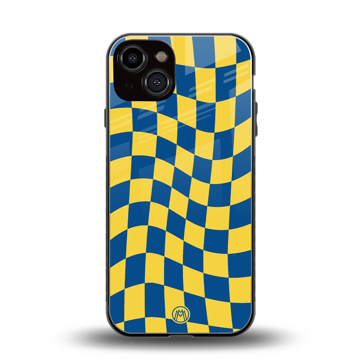 yellow blue trippy check pattern back phone cover | glass case for iphone 13
