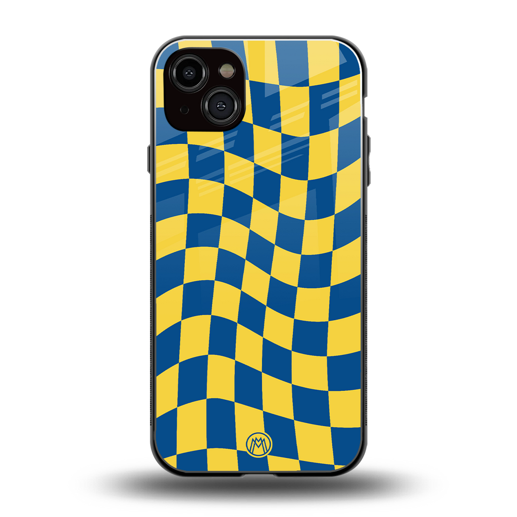 yellow blue trippy check pattern back phone cover | glass case for iphone 15 plus