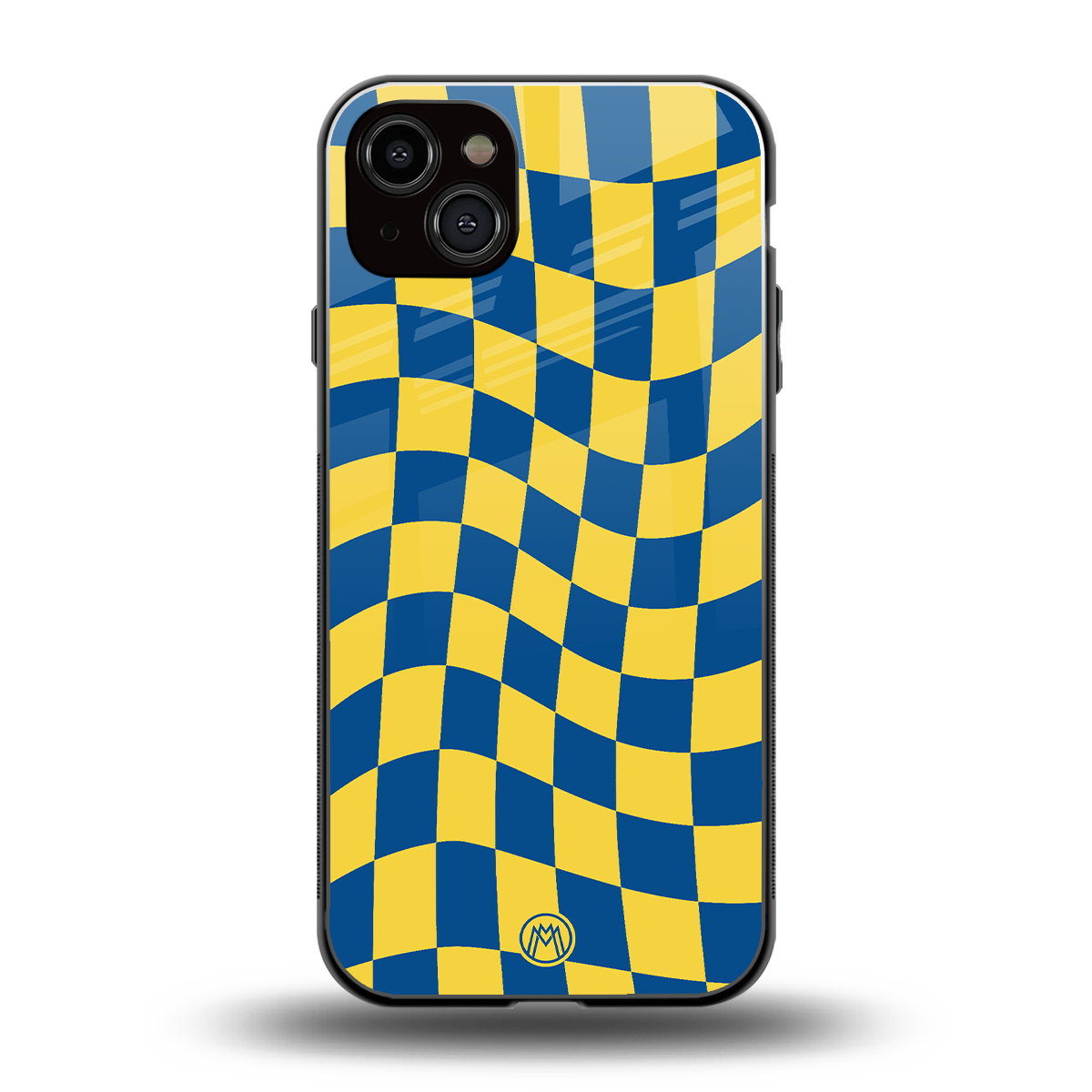 yellow blue trippy check pattern back phone cover | glass case for iphone 15 plus