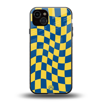 yellow blue trippy check pattern back phone cover | glass case for iphone 14 plus