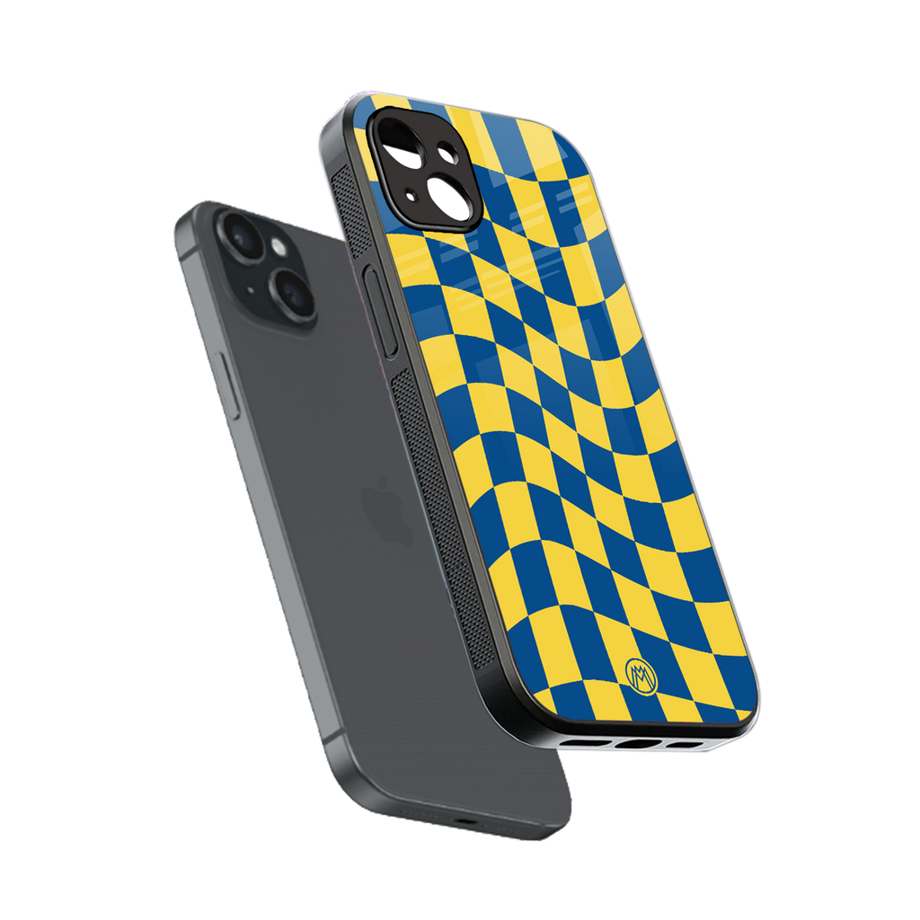 yellow blue trippy check pattern back phone cover | glass case for iphone 15 plus
