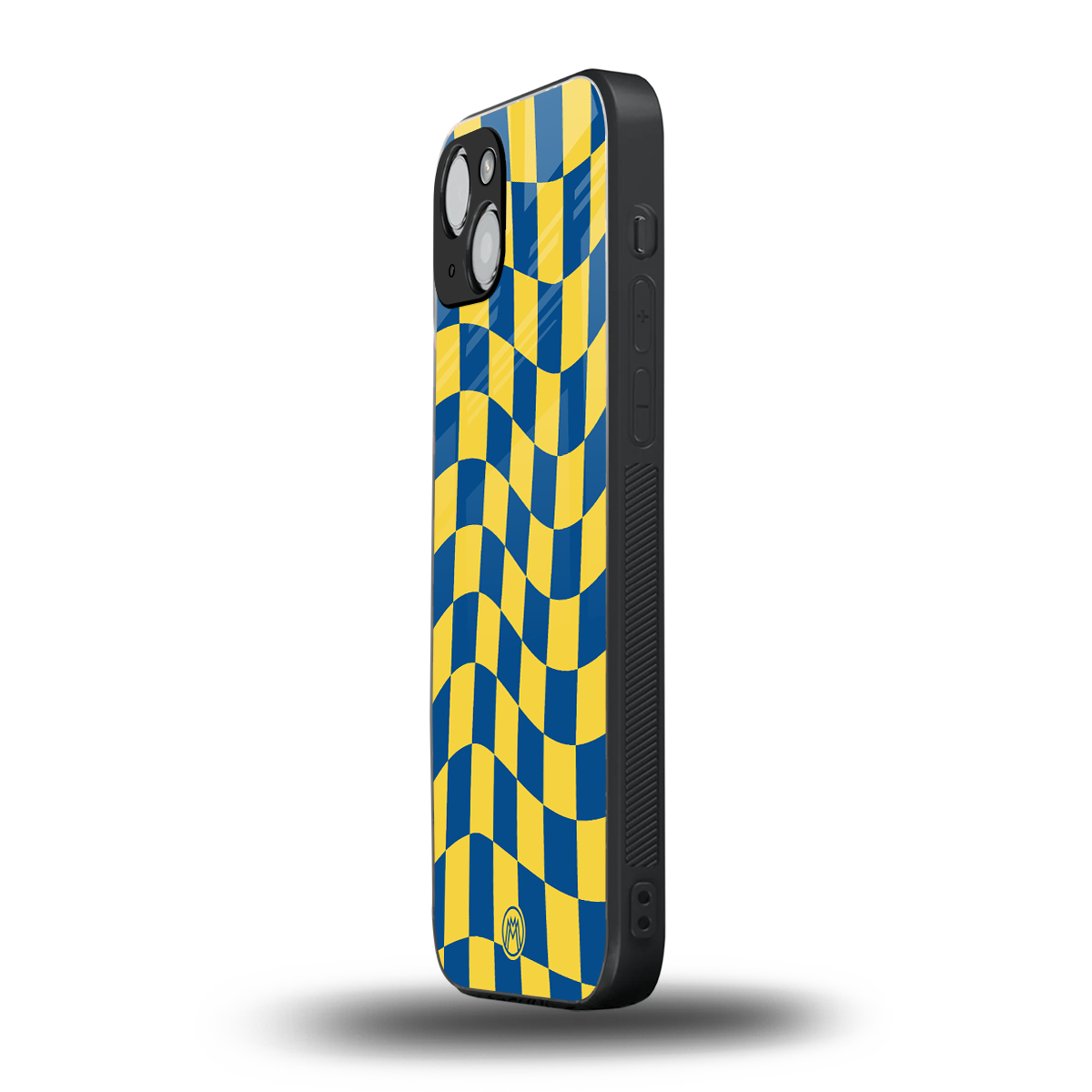 yellow blue trippy check pattern back phone cover | glass case for iphone 15 plus