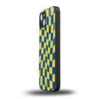 yellow blue trippy check pattern back phone cover | glass case for iphone 14 plus