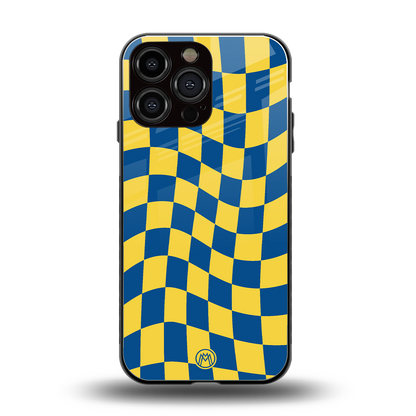 yellow blue trippy check pattern back phone cover | glass case for iphone 14 pro max