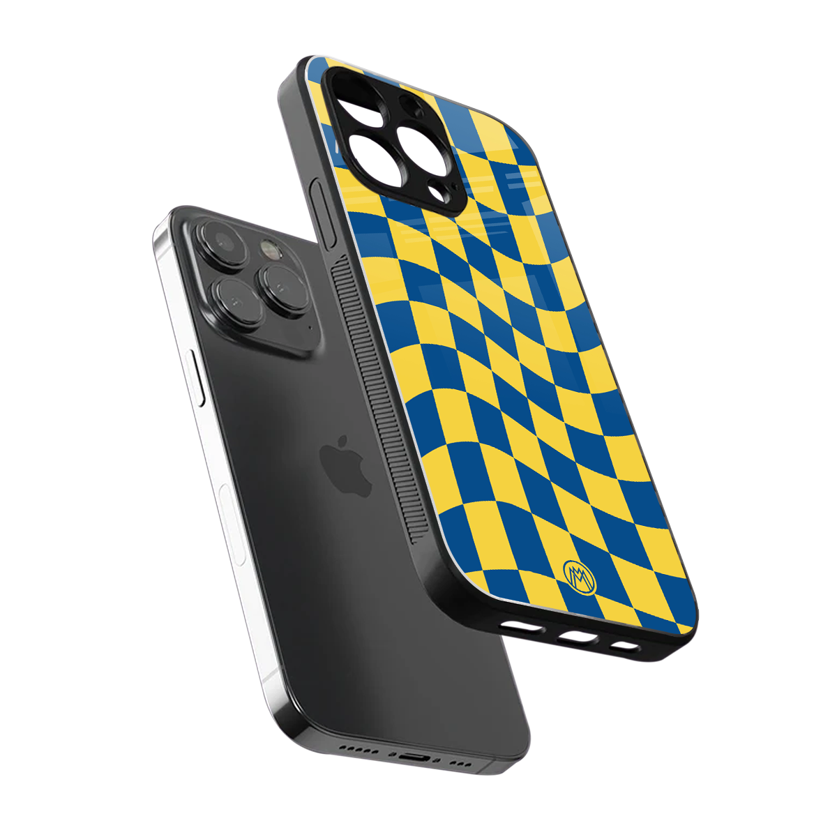 yellow blue trippy check pattern back phone cover | glass case for iphone 15 pro max