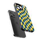 yellow blue trippy check pattern back phone cover | glass case for iphone 14 pro max