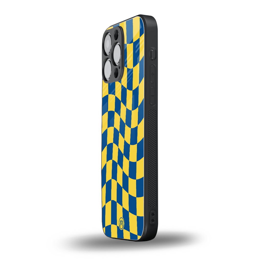 yellow blue trippy check pattern back phone cover | glass case for iphone 14 pro max