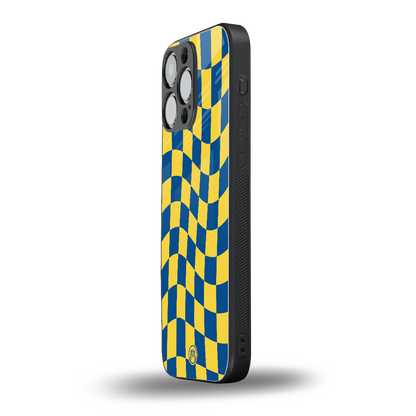 yellow blue trippy check pattern back phone cover | glass case for iphone 14 pro max