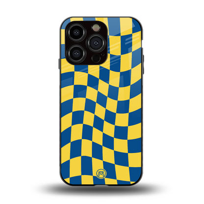 yellow blue trippy check pattern back phone cover | glass case for iphone 14 pro