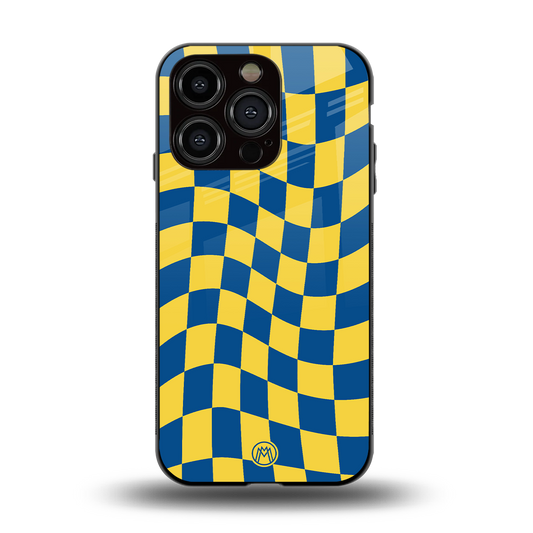 yellow blue trippy check pattern back phone cover | glass case for iphone 14 pro