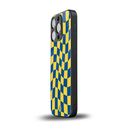 yellow blue trippy check pattern back phone cover | glass case for iphone 14 pro