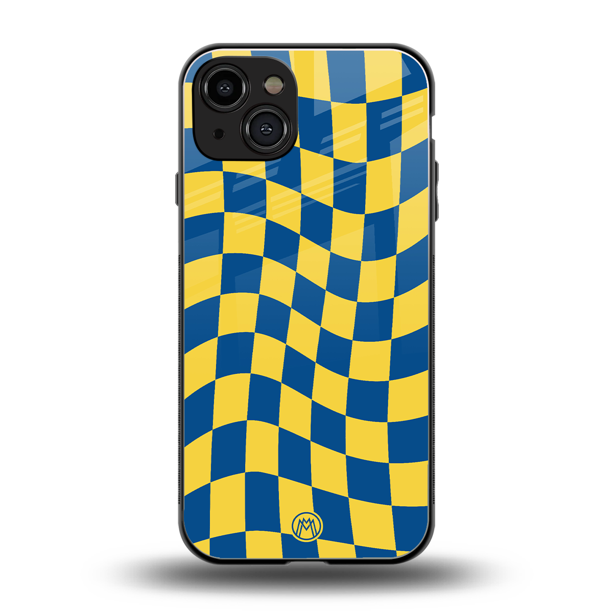 yellow blue trippy check pattern back phone cover | glass case for iphone 15