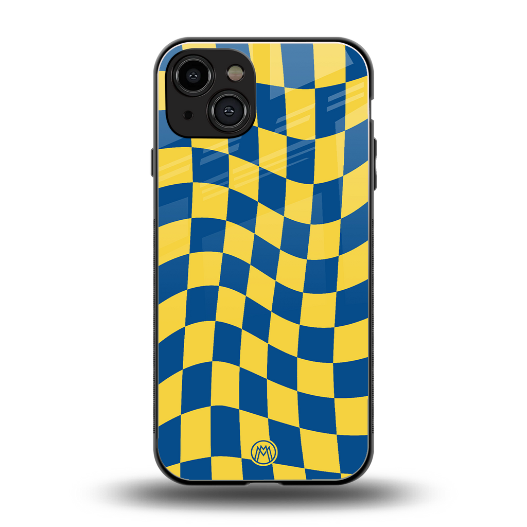 yellow blue trippy check pattern back phone cover | glass case for iphone 14