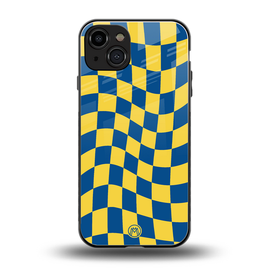 yellow blue trippy check pattern back phone cover | glass case for iphone 14