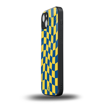 yellow blue trippy check pattern back phone cover | glass case for iphone 15