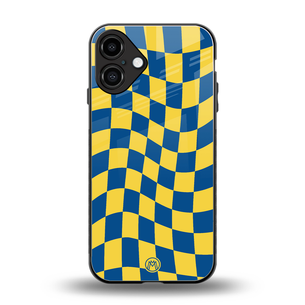 yellow blue trippy check pattern back phone cover | glass case for iphone 16 plus