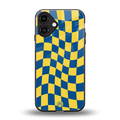 yellow blue trippy check pattern back phone cover | glass case for iphone 16 plus