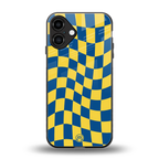 yellow blue trippy check pattern back phone cover | glass case for iphone 16 plus