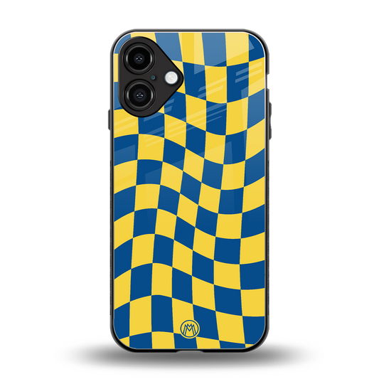 yellow blue trippy check pattern back phone cover | glass case for iphone 16 plus