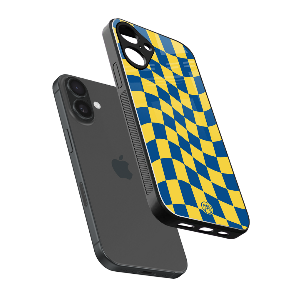 yellow blue trippy check pattern back phone cover | glass case for iphone 16 plus