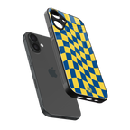 yellow blue trippy check pattern back phone cover | glass case for iphone 16 plus