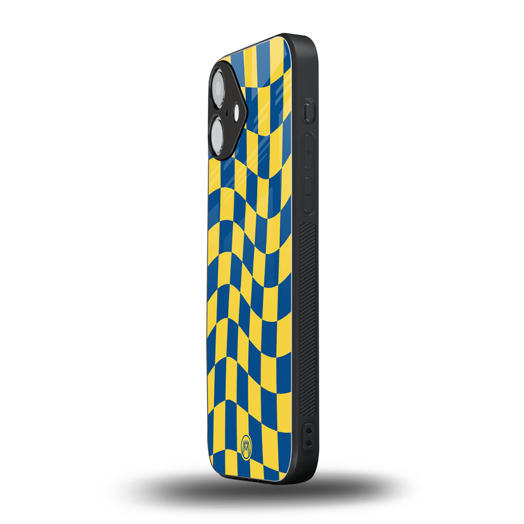 yellow blue trippy check pattern back phone cover | glass case for iphone 16 plus