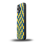 yellow blue trippy check pattern back phone cover | glass case for iphone 16 plus