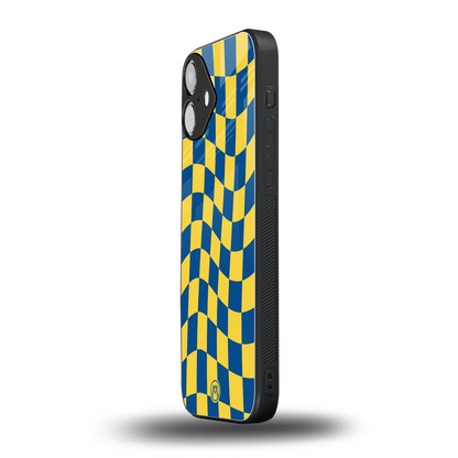 yellow blue trippy check pattern back phone cover | glass case for iphone 16 plus