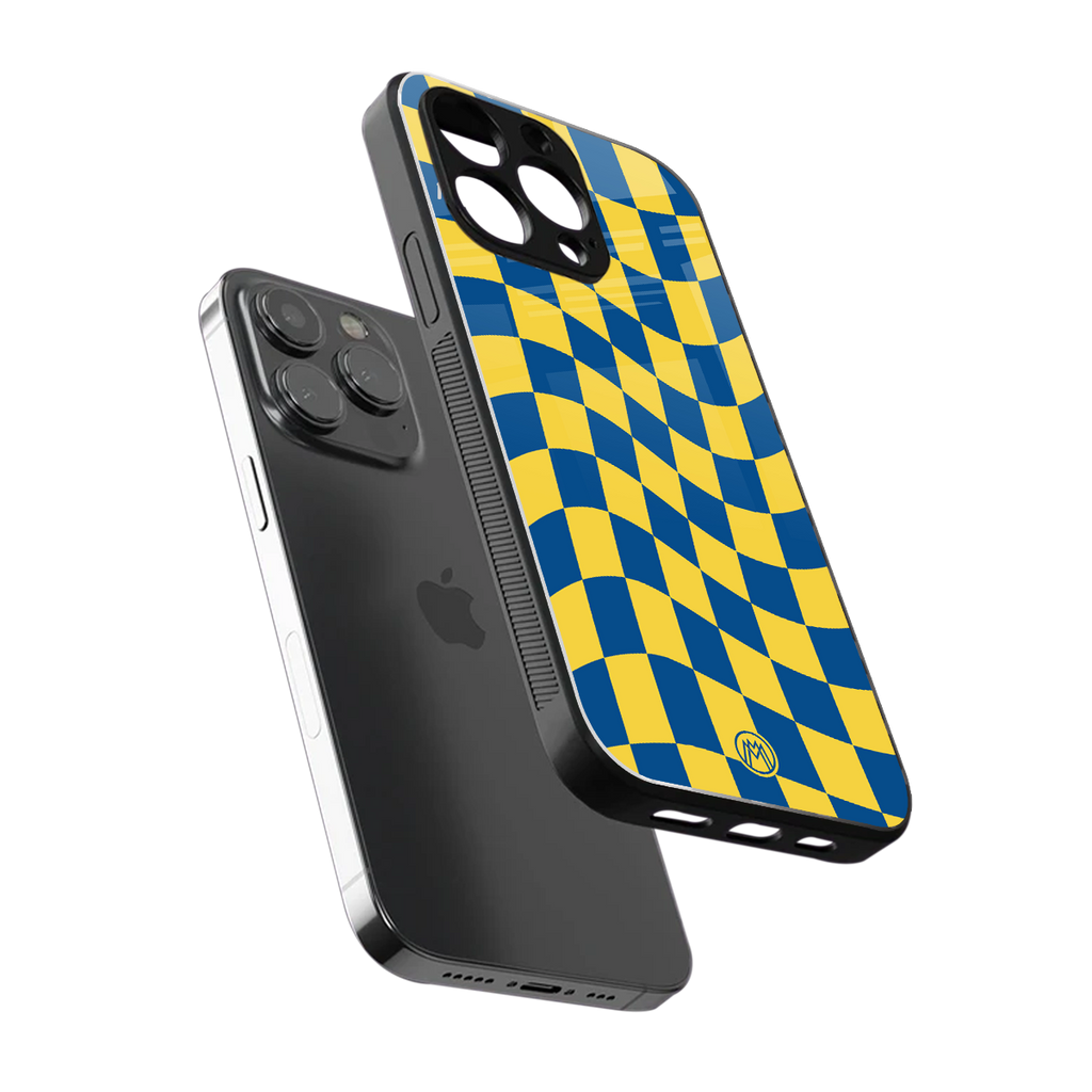yellow blue trippy check pattern back phone cover | glass case for iphone 16 pro max