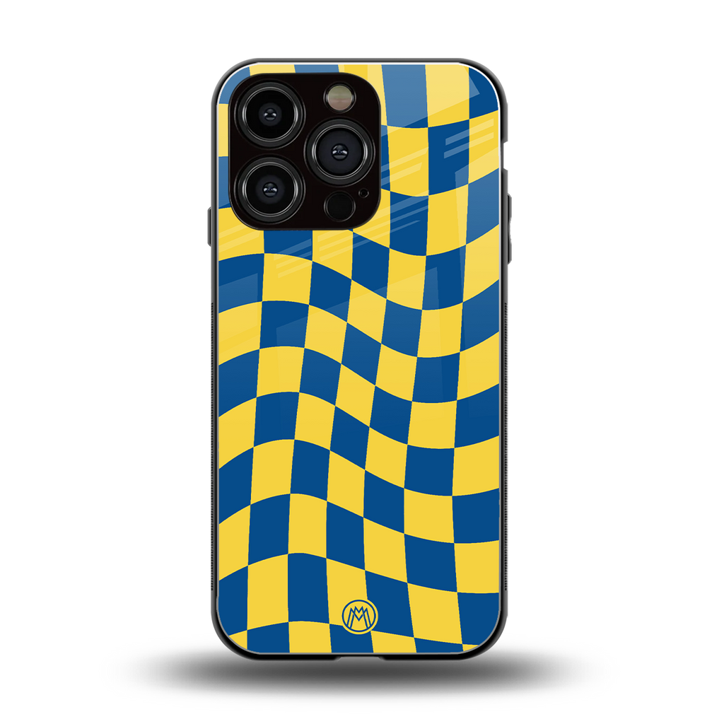 yellow blue trippy check pattern back phone cover | glass case for iphone 16 pro