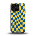 yellow blue trippy check pattern back phone cover | glass case for iphone 16 pro