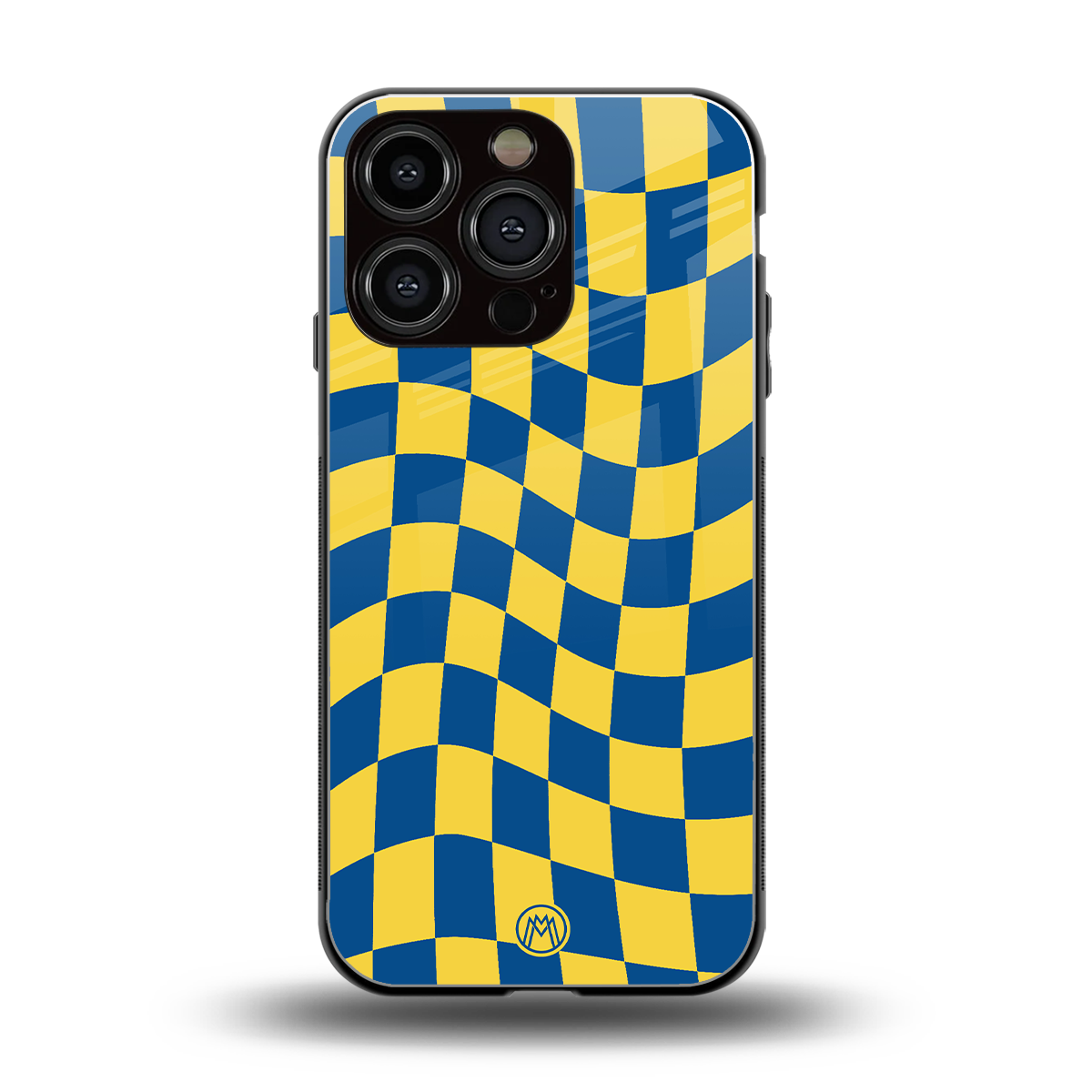 yellow blue trippy check pattern back phone cover | glass case for iphone 16 pro