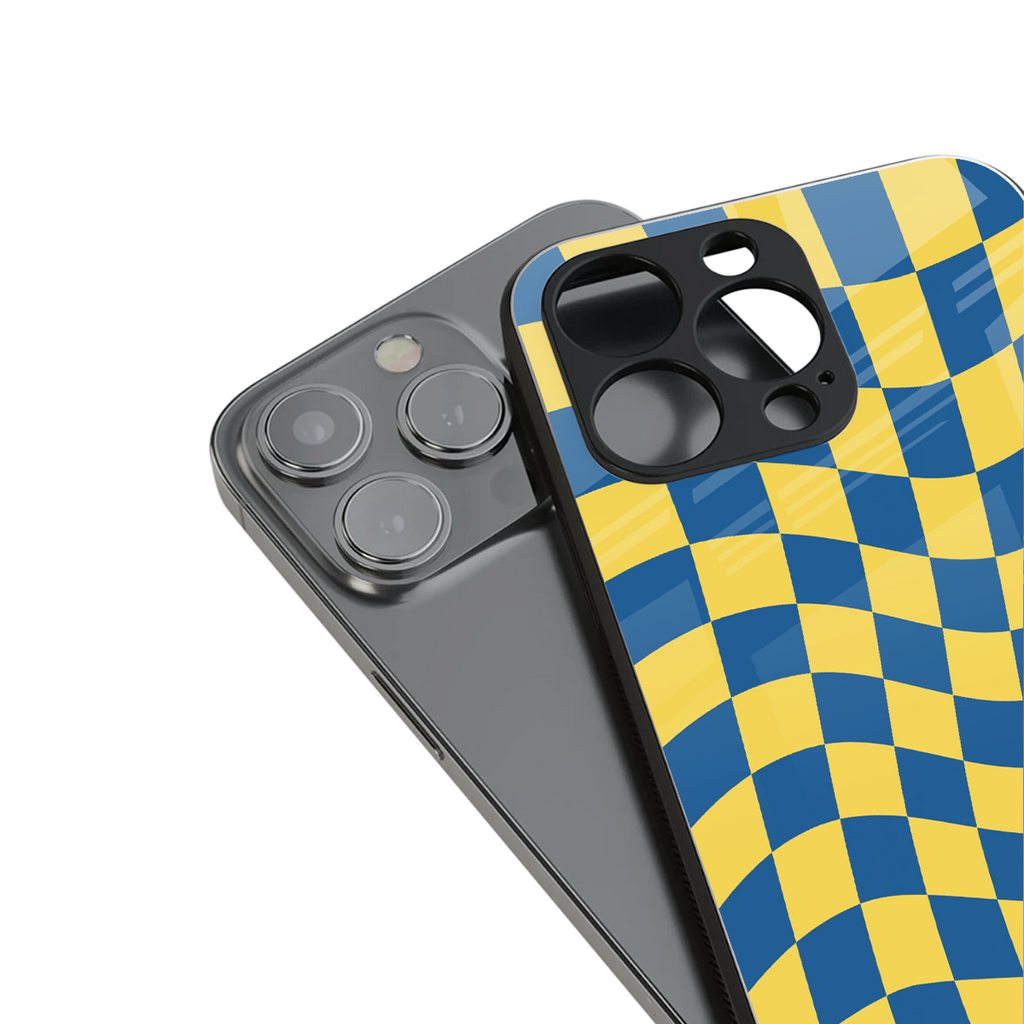 yellow blue trippy check pattern back phone cover | glass case for iphone 14 pro max