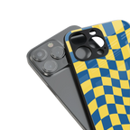 yellow blue trippy check pattern back phone cover | glass case for iphone 14 pro max