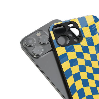 yellow blue trippy check pattern back phone cover | glass case for iphone 14 pro max