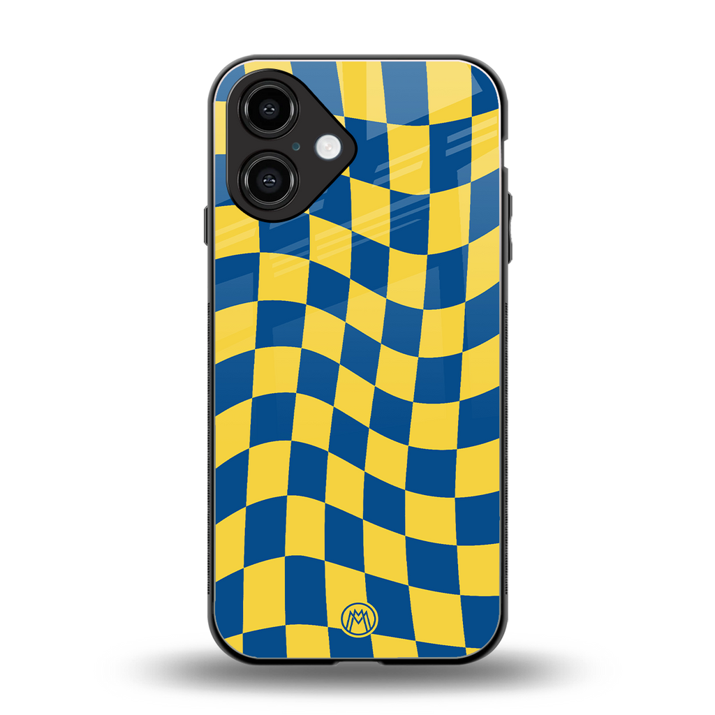 yellow blue trippy check pattern back phone cover | glass case for iphone 16