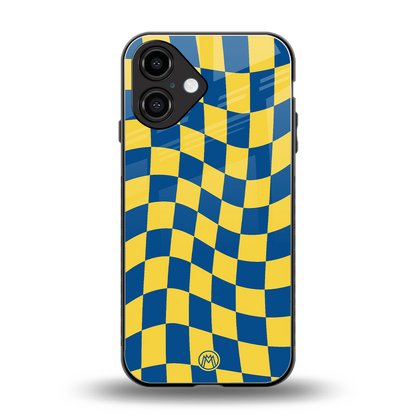 yellow blue trippy check pattern back phone cover | glass case for iphone 16