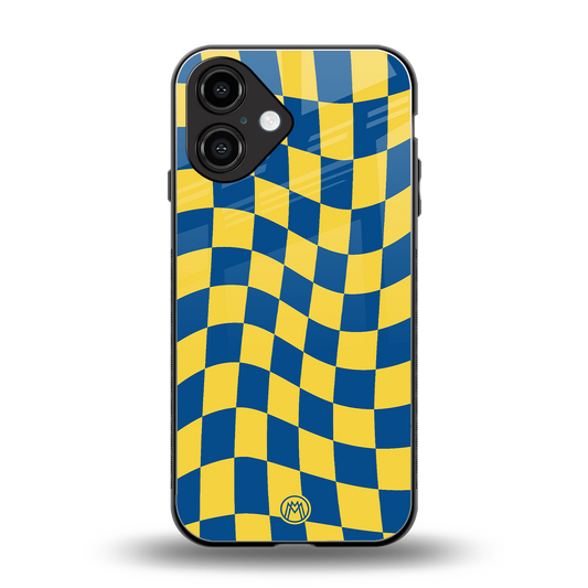 yellow blue trippy check pattern back phone cover | glass case for iphone 16